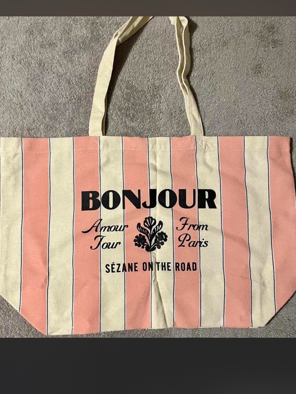 Sézane Pink and Cream Striped 'Bonjour' Canvas Tote